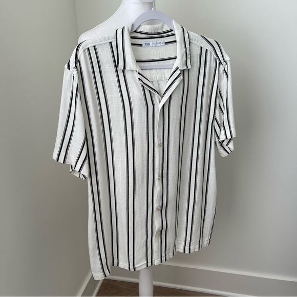 Zara Linen Blend Striped Button Down Shirt Size Large - Picture 3 of 6